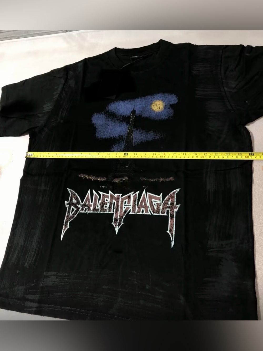 Balenciaga style Black Tee with Blue Cloud and Yellow Moon Graphic